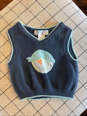 Janie and Jack Navy Knit Vest with Light Aqua Trim